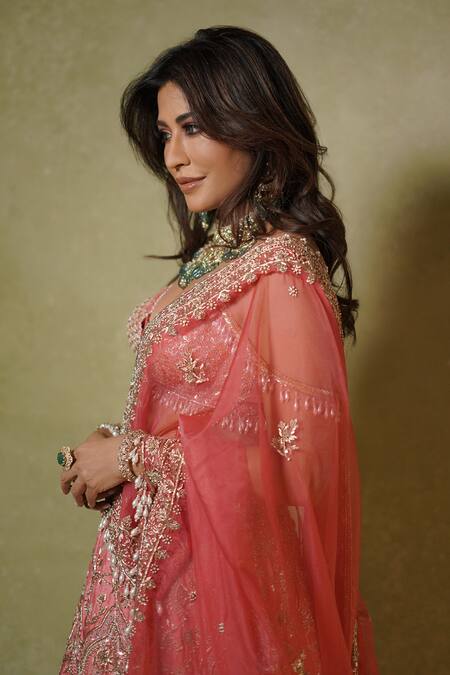 Buy_Archana Kochhar_Pink Silk, Organza Embroidery, Sequins, Zari, Pearls, Zardozi Lehenga Set _Online_at_Aza_Fashions