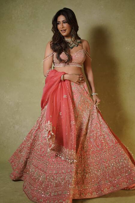 Archana Kochhar Pink Silk, Organza Embroidery, Sequins, Zari, Pearls, Zardozi Lehenga Set 