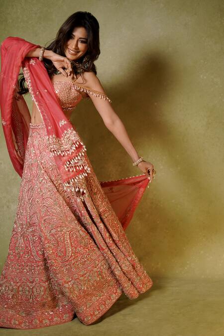 Shop_Archana Kochhar_Pink Silk, Organza Embroidery, Sequins, Zari, Pearls, Zardozi Lehenga Set _Online_at_Aza_Fashions
