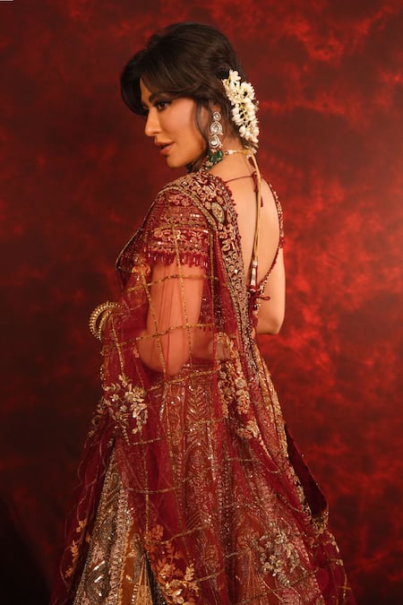 Archana Kochhar_Maroon Silk, Velvet, Net Embroidery, Ruhani Raat Zardozi Bridal Lehenga Set _Online_at_Aza_Fashions