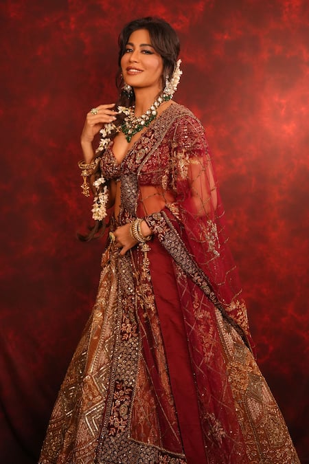 Buy_Archana Kochhar_Maroon Silk, Velvet, Net Embroidery, Ruhani Raat Zardozi Bridal Lehenga Set _Online_at_Aza_Fashions