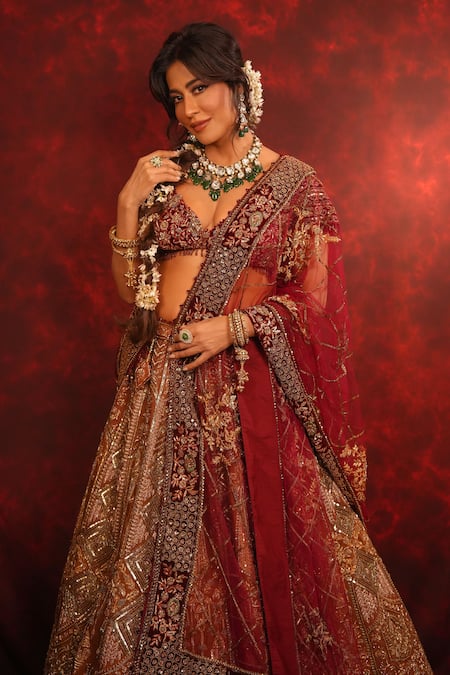 Archana Kochhar Maroon Silk, Velvet, Net Embroidery, Ruhani Raat Zardozi Bridal Lehenga Set 