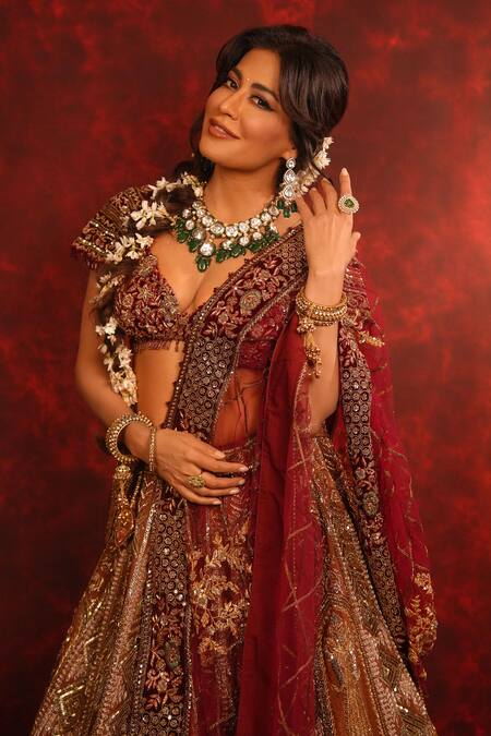 Shop_Archana Kochhar_Maroon Silk, Velvet, Net Embroidery, Ruhani Raat Zardozi Bridal Lehenga Set _Online_at_Aza_Fashions