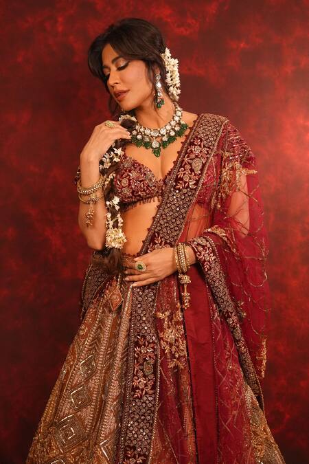 Buy_Archana Kochhar_Maroon Silk, Velvet, Net Embroidery, Ruhani Raat Zardozi Bridal Lehenga Set 