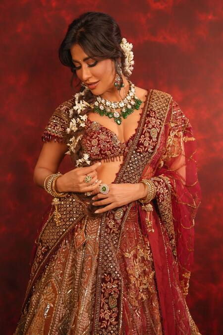 Shop_Archana Kochhar_Maroon Silk, Velvet, Net Embroidery, Ruhani Raat Zardozi Bridal Lehenga Set 