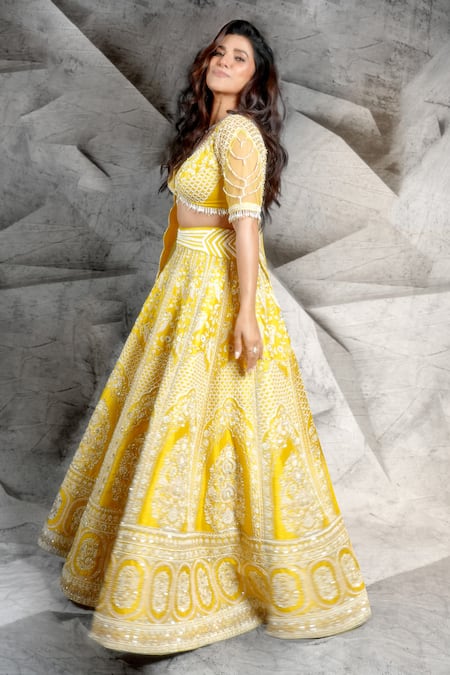 Archana Kochhar_Yellow Silk, Net Embroidery, Beads, Sequins, Pearls Marigold Resham Lehenga Set _Online_at_Aza_Fashions