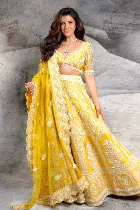 Archana Kochhar Yellow Silk, Net Embroidery, Beads, Sequins, Pearls Marigold Resham Lehenga Set 