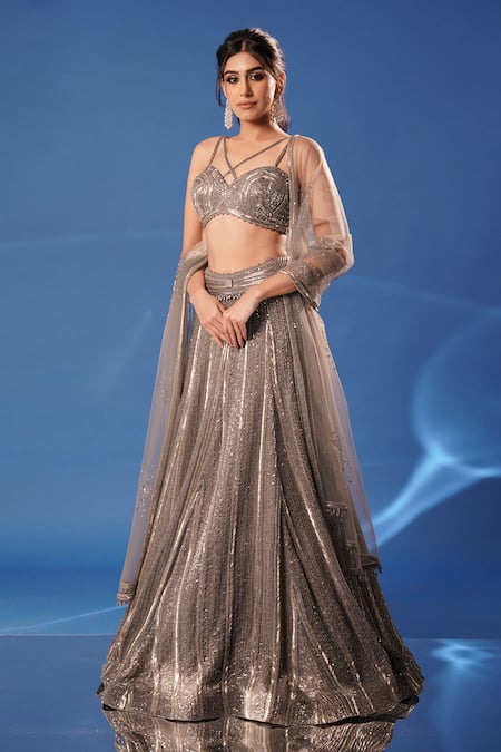 Shop Archana Kochhar Gray Net Embroidery, Stones, Sequins Sweetheart Neck Shimmer Lehenga Set Online at Aza Fashions Shop_Archana Kochhar_Gray Net Embroidery, Stones, Sequins Sweetheart Neck Shimmer Lehenga Set _Online_at_Aza_Fashions