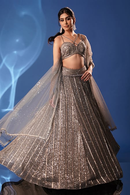 Buy Archana Kochhar Gray Net Embroidery, Stones, Sequins Sweetheart Neck Shimmer Lehenga Set Buy_Archana Kochhar_Gray Net Embroidery, Stones, Sequins Sweetheart Neck Shimmer Lehenga Set