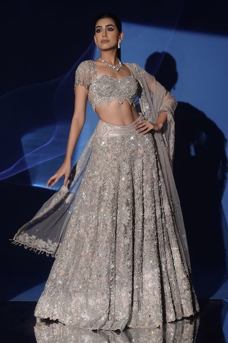 Archana Kochhar Gray Net Sequins, Beads, Fringe Sweetheart Neck Embellished Lehenga Set 