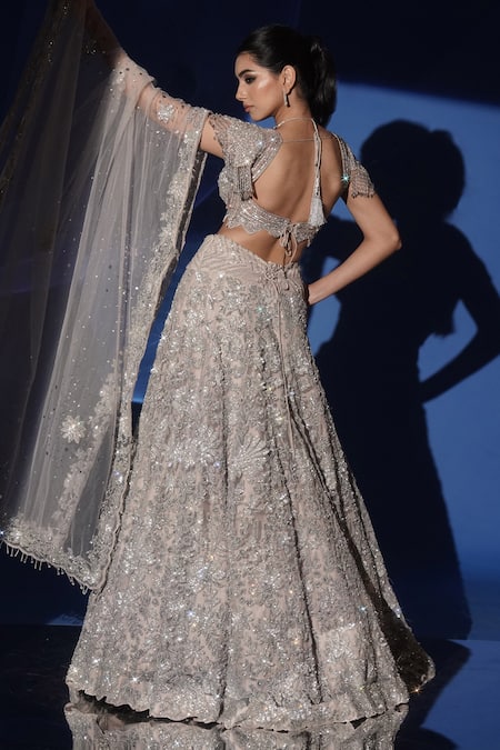 Archana Kochhar_Gray Net Sequins, Beads, Fringe Sweetheart Neck Embellished Lehenga Set _Online_at_Aza_Fashions