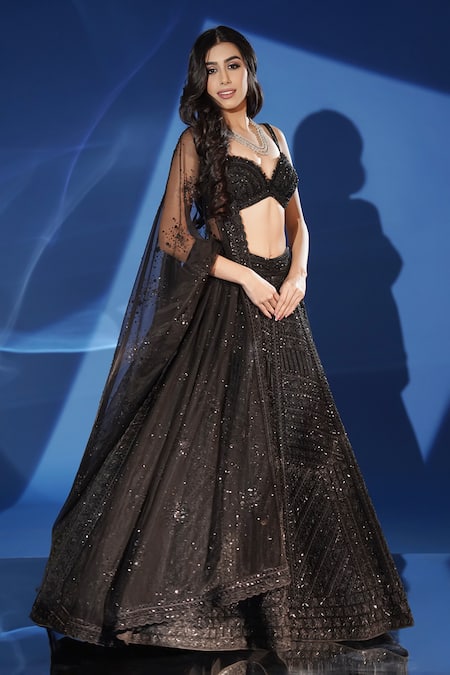 Buy_Archana Kochhar_Black Net Sequins, Embroidery, Metallic Thread Sweetheart Midnight Lehenga Set _Online_at_Aza_Fashions
