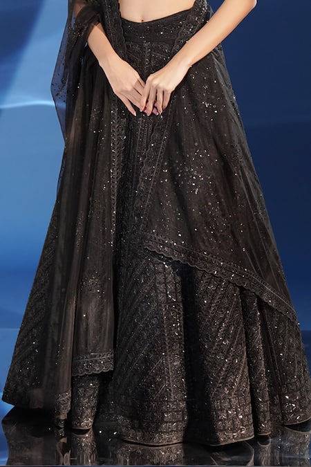 Shop_Archana Kochhar_Black Net Sequins, Embroidery, Metallic Thread Sweetheart Midnight Lehenga Set 