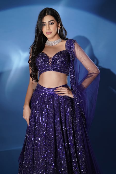 Buy_Archana Kochhar_Blue Net Sequins, Beads, Cut Work, Shimmering Electric Hand Lehenga Set 