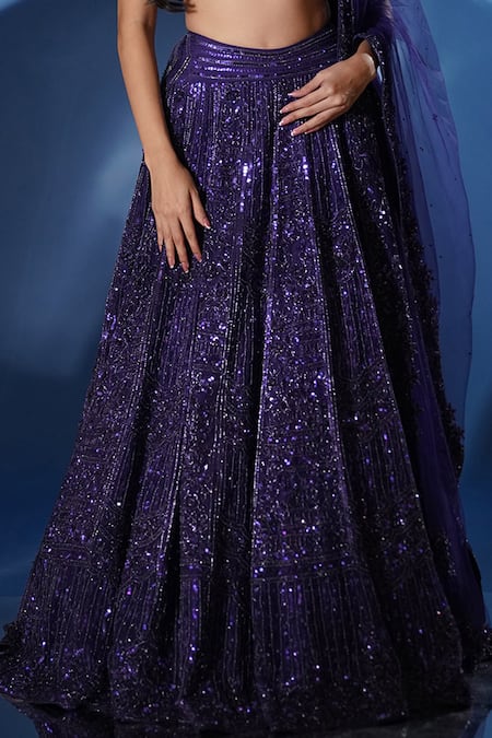 Shop_Archana Kochhar_Blue Net Sequins, Beads, Cut Work, Shimmering Electric Hand Lehenga Set 
