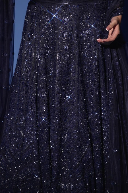 Shop_Archana Kochhar_Blue Net Sequins, Beads, Embroidery V-neck Midnight Hand Corset Lehenga Set _Online_at_Aza_Fashions