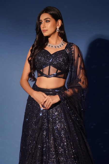 Archana Kochhar_Blue Net Sequins, Beads, Embroidery V-neck Midnight Hand Corset Lehenga Set _at_Aza_Fashions