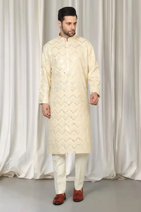 Aham-Vayam_Beige Cotton Mirrors, Embroidery Krishna Kurta And Pant Set _Online_at_Aza_Fashions