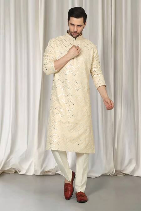 Shop_Aham-Vayam_Beige Cotton Mirrors, Embroidery Krishna Kurta And Pant Set _Online_at_Aza_Fashions