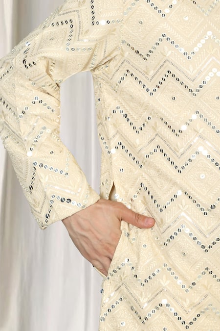 Aham-Vayam_Beige Cotton Mirrors, Embroidery Krishna Kurta And Pant Set _at_Aza_Fashions