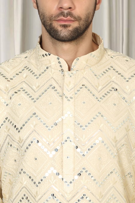 Shop_Aham-Vayam_Beige Cotton Mirrors, Embroidery Krishna Kurta And Pant Set 