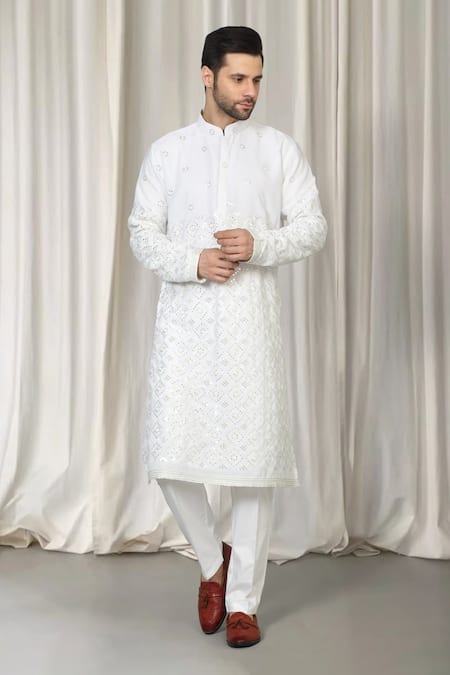 Shop_Aham-Vayam_White Cotton Mirrors, Embroidery Harsh Kurta And Pant Set _Online_at_Aza_Fashions