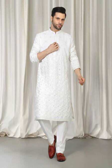 Aham-Vayam_White Cotton Mirrors, Embroidery Harsh Kurta And Pant Set _at_Aza_Fashions