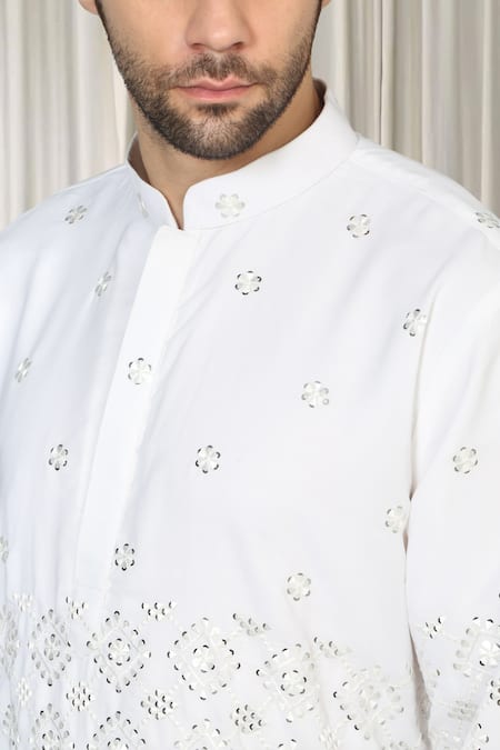 Buy_Aham-Vayam_White Cotton Mirrors, Embroidery Harsh Kurta And Pant Set 