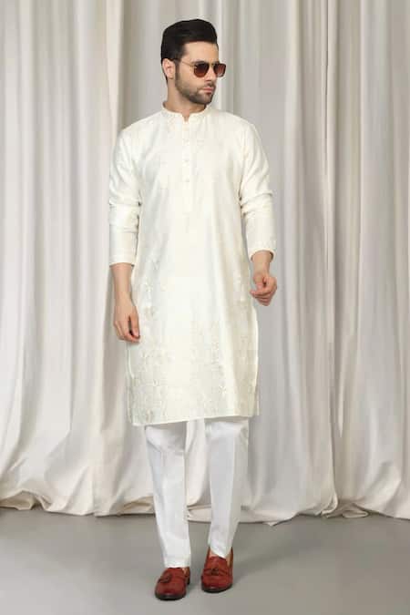 Aham-Vayam_Ivory Cotton Embroidery Upwan Kurta And Pant Set _Online_at_Aza_Fashions