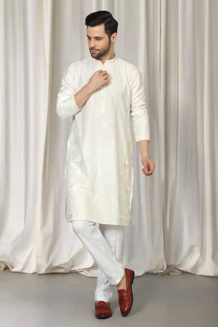 Buy_Aham-Vayam_Ivory Cotton Embroidery Upwan Kurta And Pant Set _Online_at_Aza_Fashions