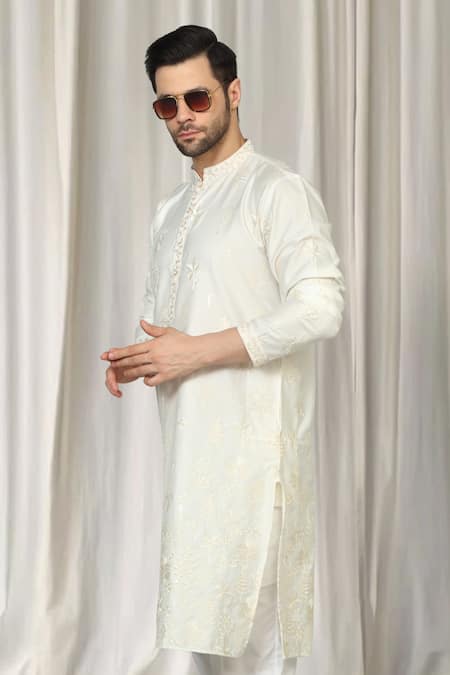 Shop_Aham-Vayam_Ivory Cotton Embroidery Upwan Kurta And Pant Set _Online_at_Aza_Fashions