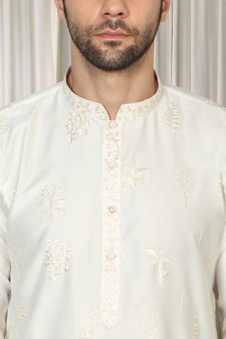 Aham-Vayam_Ivory Cotton Embroidery Upwan Kurta And Pant Set _at_Aza_Fashions
