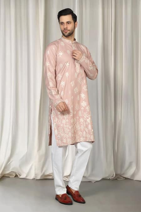 Aham-Vayam_Peach Cotton Embroidery Upwan Kurta Set _Online_at_Aza_Fashions
