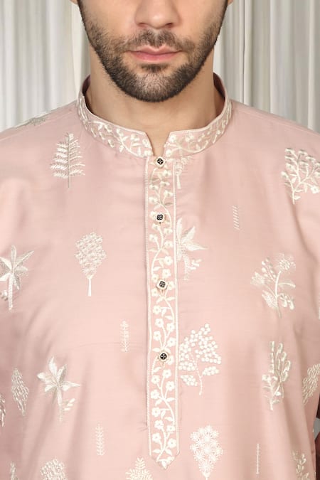 Buy_Aham-Vayam_Peach Cotton Embroidery Upwan Kurta Set _Online_at_Aza_Fashions