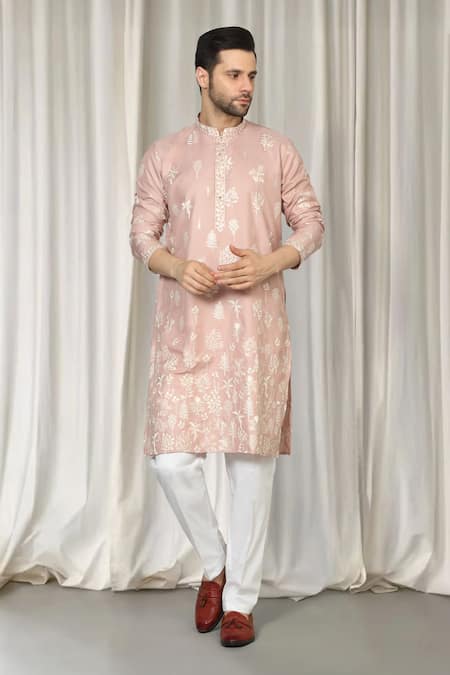 Shop_Aham-Vayam_Peach Cotton Embroidery Upwan Kurta Set _Online_at_Aza_Fashions