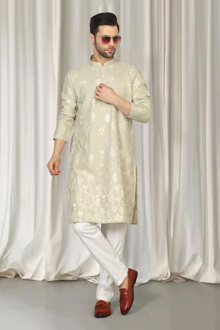 Aham-Vayam_Green Cotton Embroidery Upwan Kurta And Pant Set _Online_at_Aza_Fashions