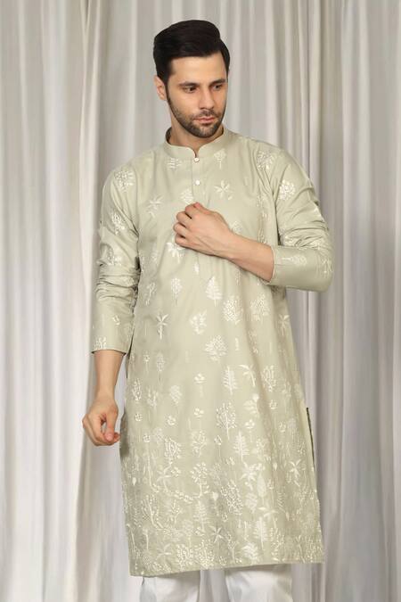 Buy_Aham-Vayam_Green Cotton Embroidery Upwan Kurta And Pant Set _Online_at_Aza_Fashions
