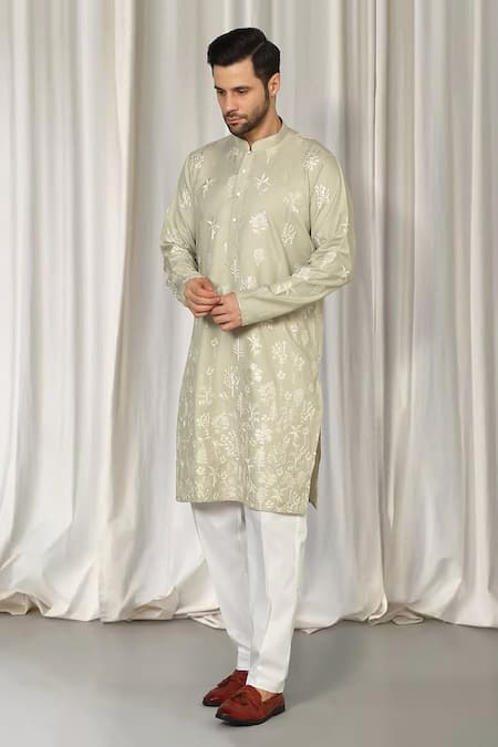 Shop_Aham-Vayam_Green Cotton Embroidery Upwan Kurta And Pant Set _Online_at_Aza_Fashions