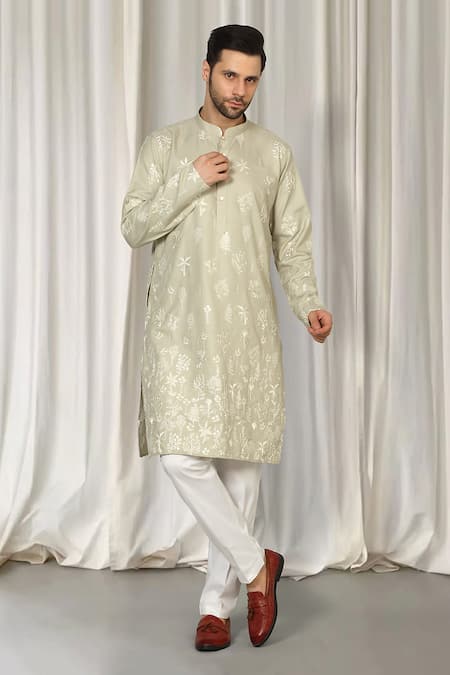 Buy_Aham-Vayam_Green Cotton Embroidery Upwan Kurta And Pant Set 