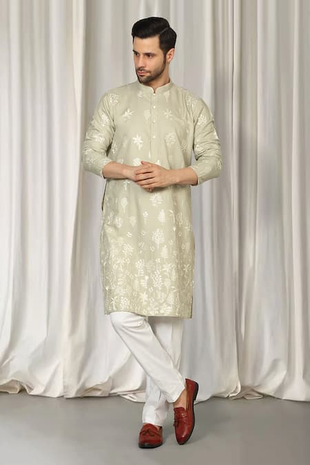 Shop_Aham-Vayam_Green Cotton Embroidery Upwan Kurta And Pant Set 