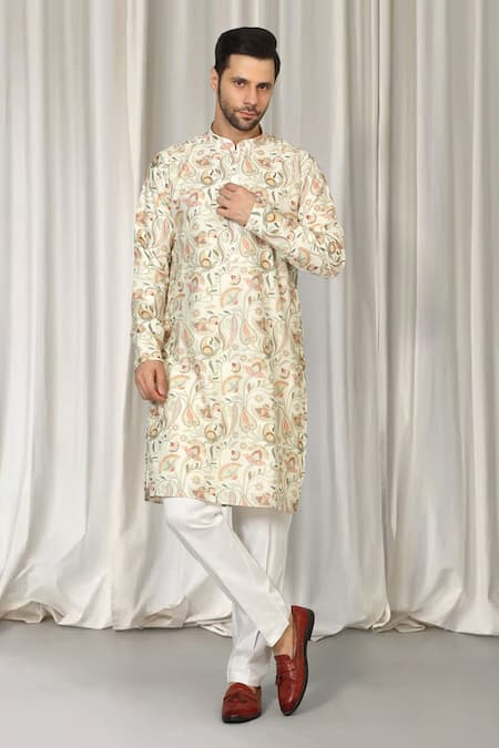 Aham-Vayam_Ivory Cotton Embroidery Phool Bahaar Kurta And Pant Set _Online_at_Aza_Fashions