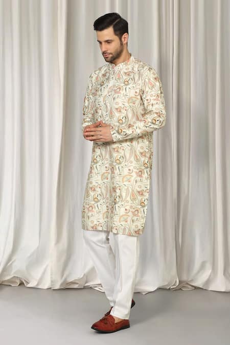 Buy_Aham-Vayam_Ivory Cotton Embroidery Phool Bahaar Kurta And Pant Set _Online_at_Aza_Fashions