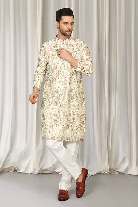 Aham-Vayam_Ivory Cotton Embroidery Phool Bahaar Kurta And Pant Set _at_Aza_Fashions