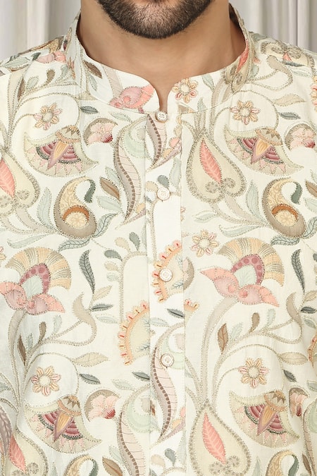 Shop_Aham-Vayam_Ivory Cotton Embroidery Phool Bahaar Kurta And Pant Set 