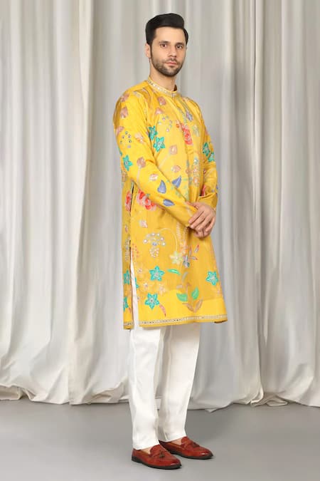 Aham-Vayam_Yellow Cotton Embroidery, Mirrors Phool Utsav Kurta And Pant Set _Online_at_Aza_Fashions