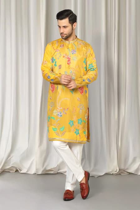 Buy_Aham-Vayam_Yellow Cotton Embroidery, Mirrors Phool Utsav Kurta And Pant Set _Online_at_Aza_Fashions