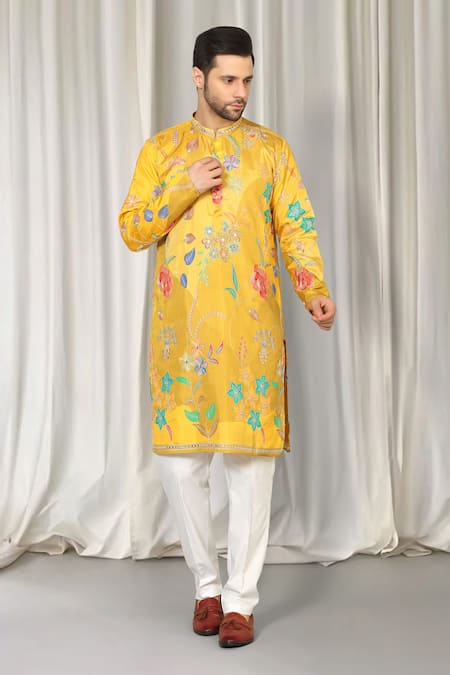 Shop_Aham-Vayam_Yellow Cotton Embroidery, Mirrors Phool Utsav Kurta And Pant Set _Online_at_Aza_Fashions