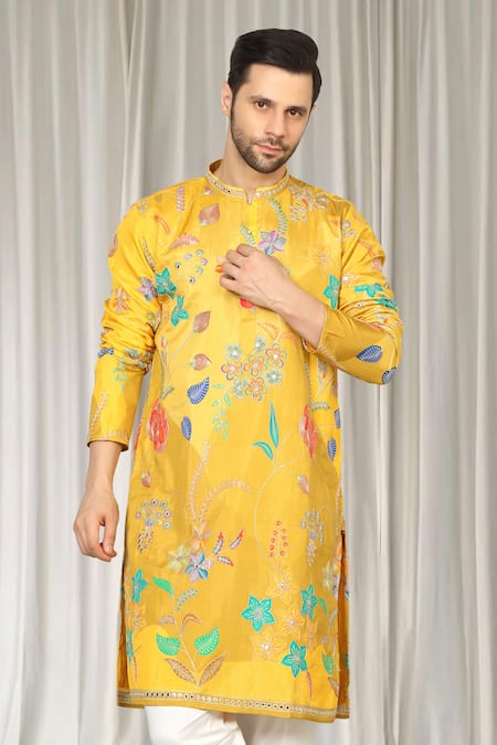 Aham-Vayam_Yellow Cotton Embroidery, Mirrors Phool Utsav Kurta And Pant Set _at_Aza_Fashions