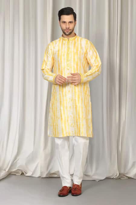 Shop Aham-Vayam Yellow Cotton Embroidery Prajwal Tie Dye Kurta And Pant Set Online at Aza Fashions Shop_Aham-Vayam_Yellow Cotton Embroidery Prajwal Tie Dye Kurta And Pant Set _Online_at_Aza_Fashions