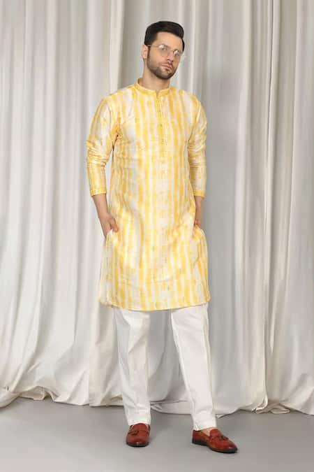 Aham-Vayam Yellow Cotton Embroidery Prajwal Tie Dye Kurta And Pant Set at Aza Fashions Aham-Vayam_Yellow Cotton Embroidery Prajwal Tie Dye Kurta And Pant Set _at_Aza_Fashions